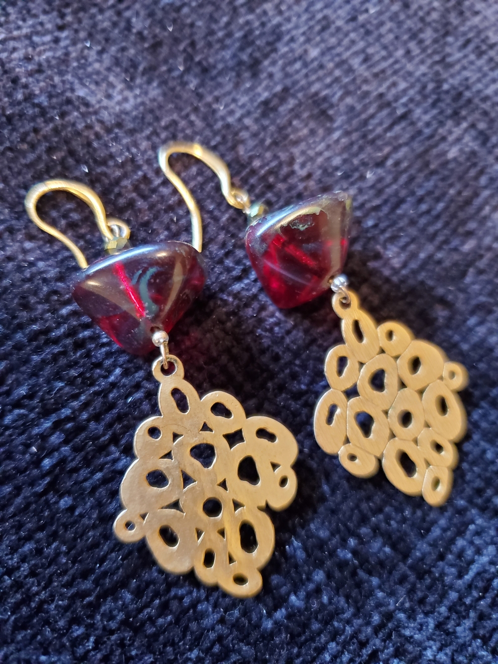 Gold Bohemian Filigree Drop Earrings with Deep Red Glass Beads - Women Jewelry